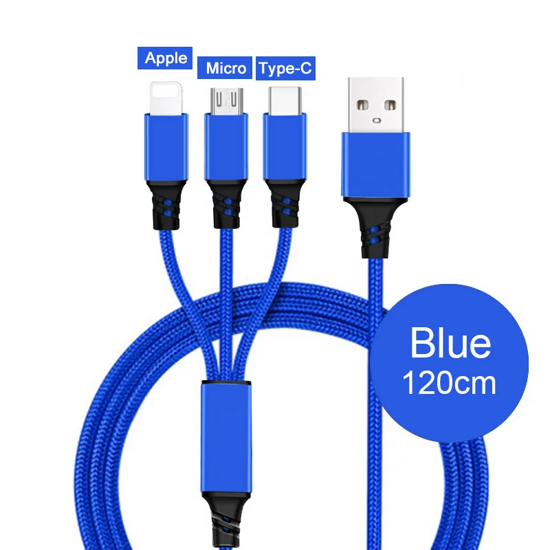 Type-C Micro 8 Pin 3 в 1 usb кабель для зарядки для iPhone 6 s 6s 7 8 Plus X Xs Max XR 2в1 samsung huawei Xiaomi Android провод шнур - Цвет: 3in1 1.2M Blue