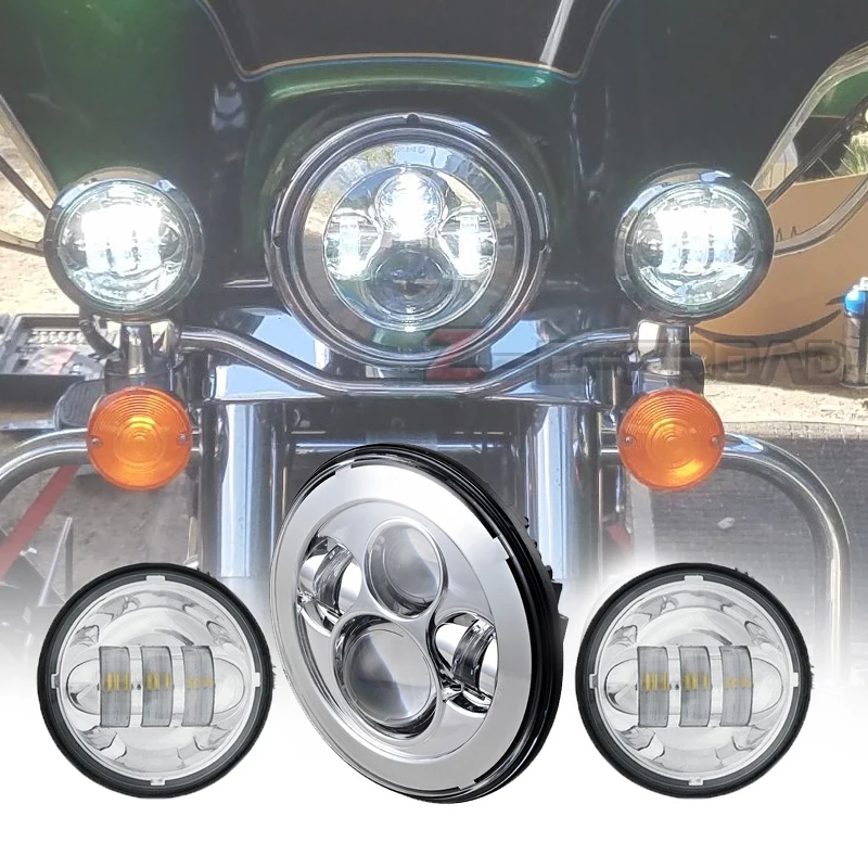 

7Inch LED H4 Chrome Round Motorcycle Projector Headlight Headlamp+4.5" 4-1/2 LED Fog Lights Passing Lamps For