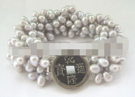 

huij 001247 Beautiful 8" 6row 7-8mm gray freshwater pearl bracelet-coin clasp