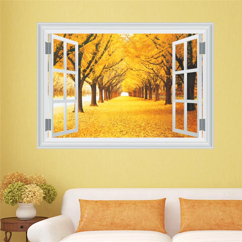 

3d effect late autumn maple window wall stickers home decor living room 50*70cm mural modern landscape wall decals pvc wallpaper
