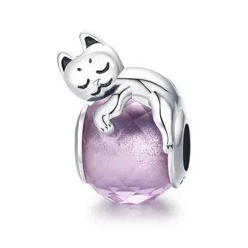

WOSTU Original Design 925 Sterling Silver Pink Crystal Cute Cat Animal Bead Fit For Charm Bracelet Women Jewelry Gift BKC447