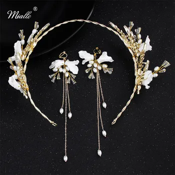 

Miallo Newest Gold Color Drawing White Flowers Tiaras and Crowns Bridal Headpieces Wedding Hair Jewelry Accessories for Women