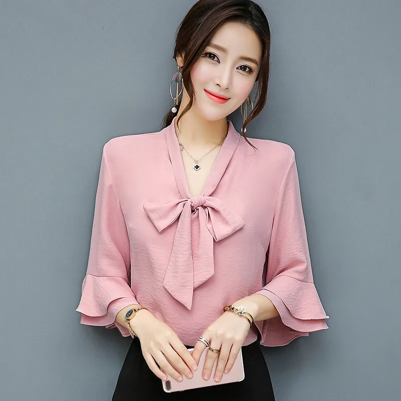 Sweet Bow Pink Women's Blouses Long sleeve Large Size White Chiffon ...