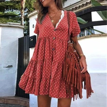 Lipswag 3XL хлопковый сарафан в горошек для женщин летнее сексуальное пляжное платье с v-образным вырезом и коротким рукавом повседневное мини-платье на пуговицах