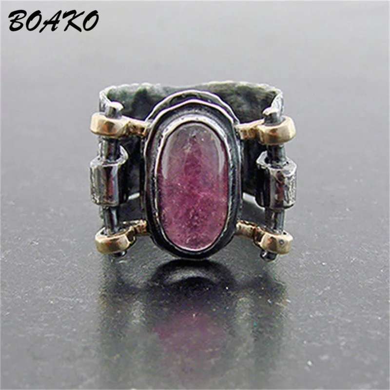 

BOAKO Natural Amethyst Ring Wedding Rings for Women Exaggeration Punk Gothic Finger Jewelry Vintage Ethnic Tibetan Silver Ring