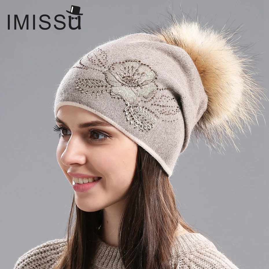 

IMISSU Women's Winter Hats Knitted Wool Skullies Flower Pattern Fur Pom Pom Hat Gorros Thick Warm Bonnet Beanie Cap for Girls