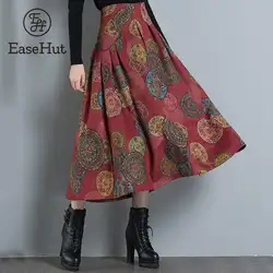 Этническая модные женские туфли Винтаж печати длинная юбка Высокая Талия молнии A-Line плиссированные Повседневное праздничная одежда Faldas