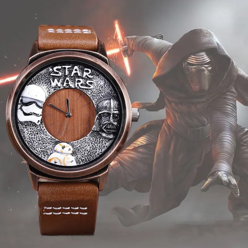 

Creative STAR WARS Watch Mens Wristwatch Leather Strap Unique Design Male Watches Brown Black Casual Quartz Clock Man 2017
