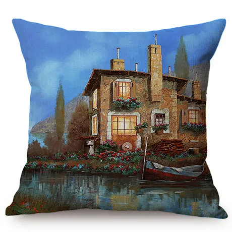 Beautiful Countryside Scenery Happy Cottage Childhood Memory Oil Painting Home Decor Throw Pillow Case Sofa Chair Cushion Cover K120-8