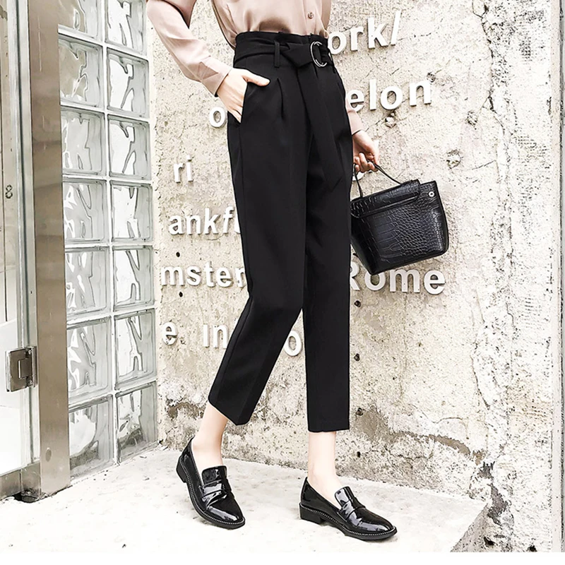 High Waist Harem Pants Women Spring Autumn Pockets Slim S-XXL Black Pants for Ladies Korean Style Belt Ankle-Length Pants Office High Waist Harem Pants Women Spring Autumn Pockets Slim S-XXL Black Pants for Ladies Korean Style Belt Ankle-Length Pants Office