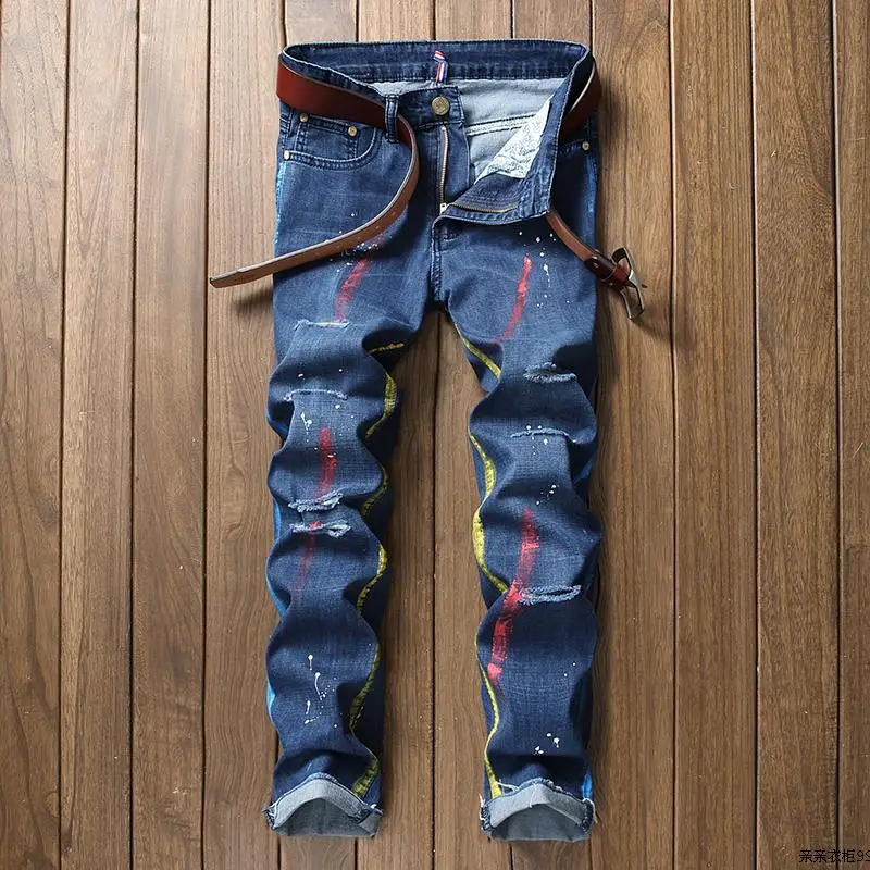 New Printed Jeans Men Casual Slim Fit Straight Jeans Designer Retro