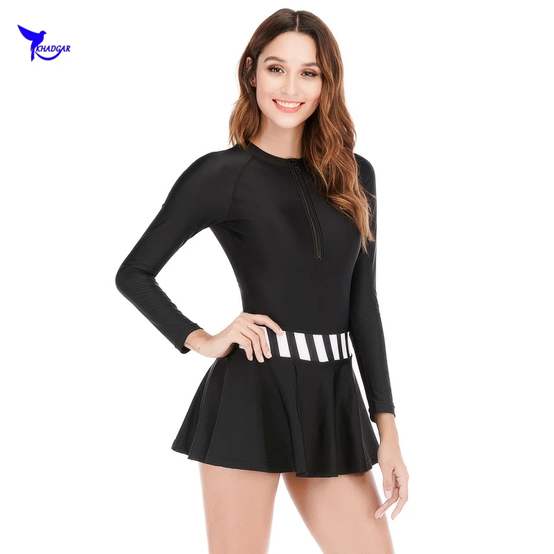 

Long Sleeve Half Zipper Women Rash Guards with Skirt Black Swimming Suits Beach Surfing Swimwear Bathing Suit One Piece Swimsuit