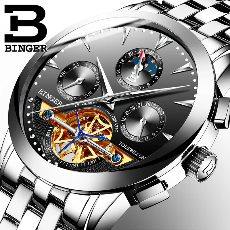 

Genuine BINGER Bingo watches men's automatic mechanical watch male watch waterproof flywheel hollow steel business flagship stor