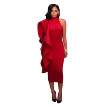 Elegant One Shoulder Ruffles Details Club Dress Plus Size Women High Neck Back Zipper Mid Calf