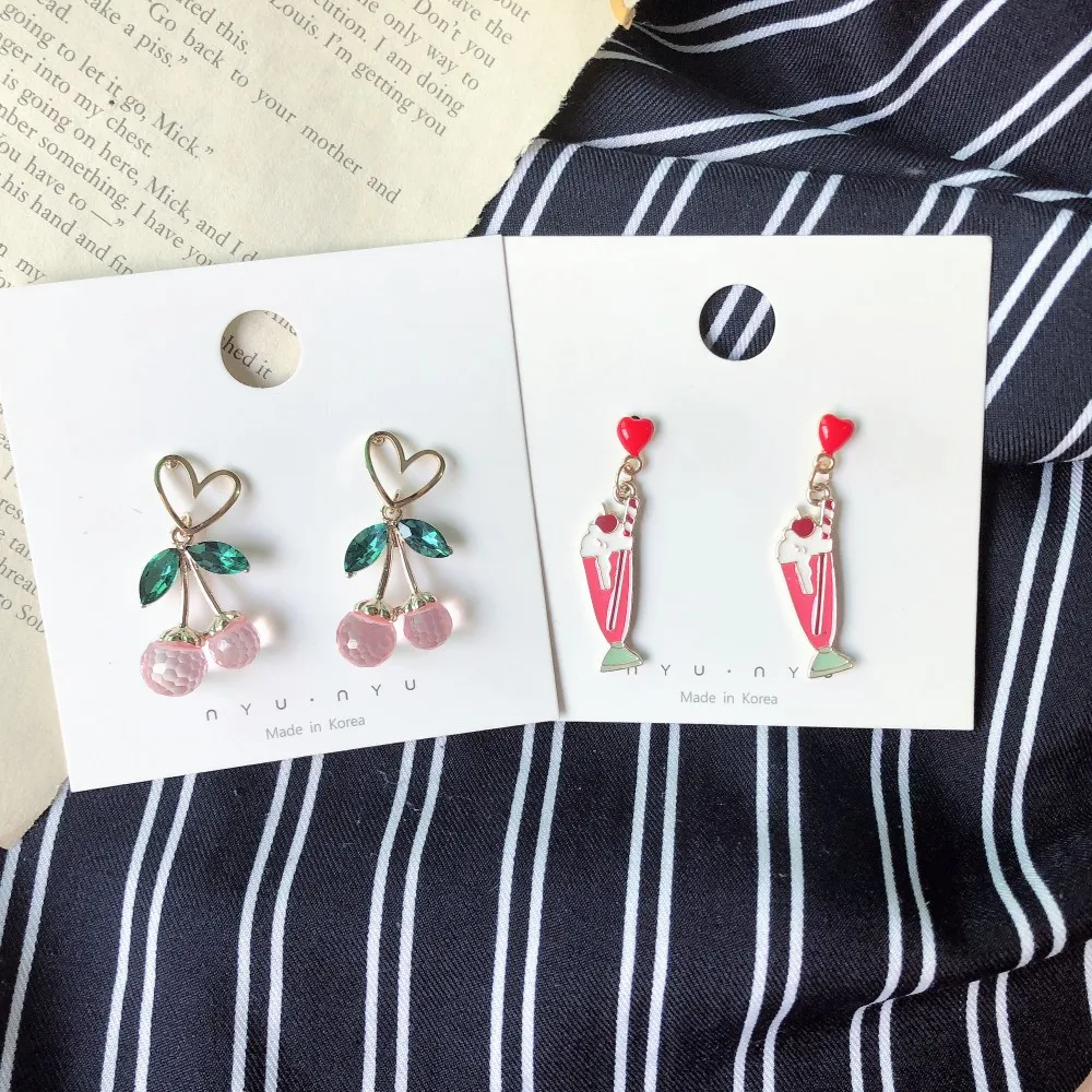 

SQUERIM Korean Cartoon Enamel Earrings Ear Accessories Cute Fruit Heart Ice Cream Earings For Girl Statement Jewelry