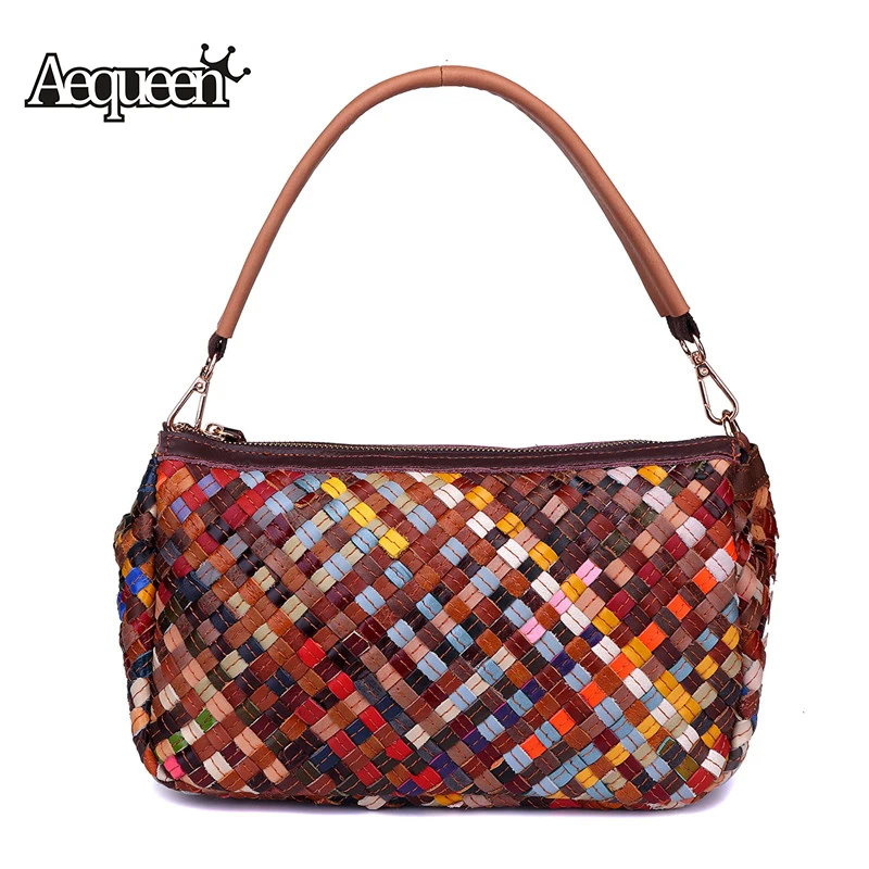 

AEQUEEN Weaving Genuine Leather Handbags Women Hobos Shoulder Bags Female Colorful Lady Luxury Messenger Bag Summer Bolsos Mujor