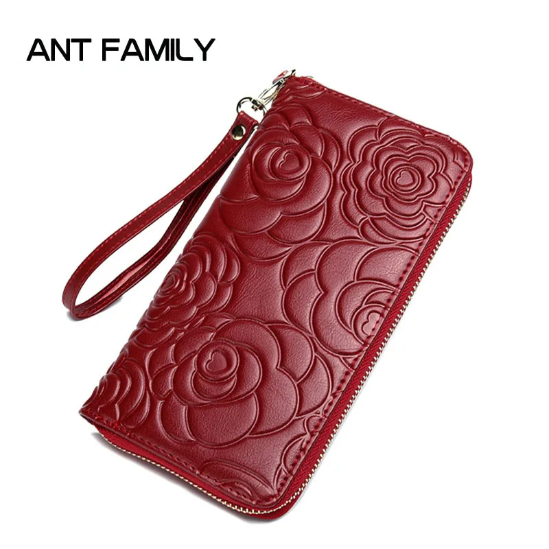 

Genuine Leather Wallets Women Fashion Flowers Long Zipper Wallet 2018 Ladies Cell Phone Clutch Card Holder Purse Wallet Female