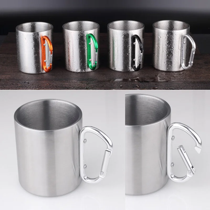 

Camping Travel Cup Stainless Steel Outdoor Camping Mug 300ml with Handle Carabiner Climbing Backpacking Hiking Portable Cups