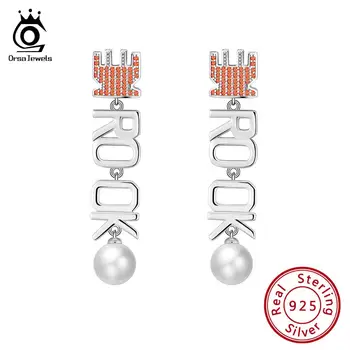 

ORSA JEWELS Real 925 Sterling Silver Drop Earrings For Women AAA CZ Letters Words Pattern Long Earings Pearl Jewelry 2019 OSE137