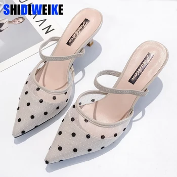 

Polka Dot High Heel Women Sandals Pointed Toe Lace Mules Sandals Shoes Vintage Geometry Heel Women Sandals g084