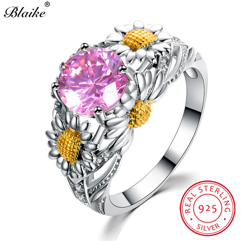 Шарм Фиолетовый аметист розовый кристалл обручальное кольцо s925 серебро кольца для женщин Милое кольцо с маргариткой Свадебные обручальные ювелирные изделия