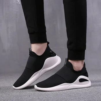 

2019 Flying Weave men sports running shoes outdoor walking shoes mesh jogging sneakers breathable male Slip on Black shoes ND-45