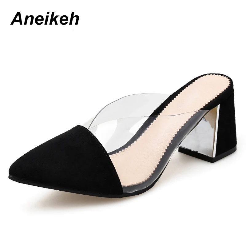 

Aneikeh PVC Women Pointed Toe Slippers High Square Heels Dress Casual Woman Slip On Shoes Summer mujer 2019 Size 35-40 black