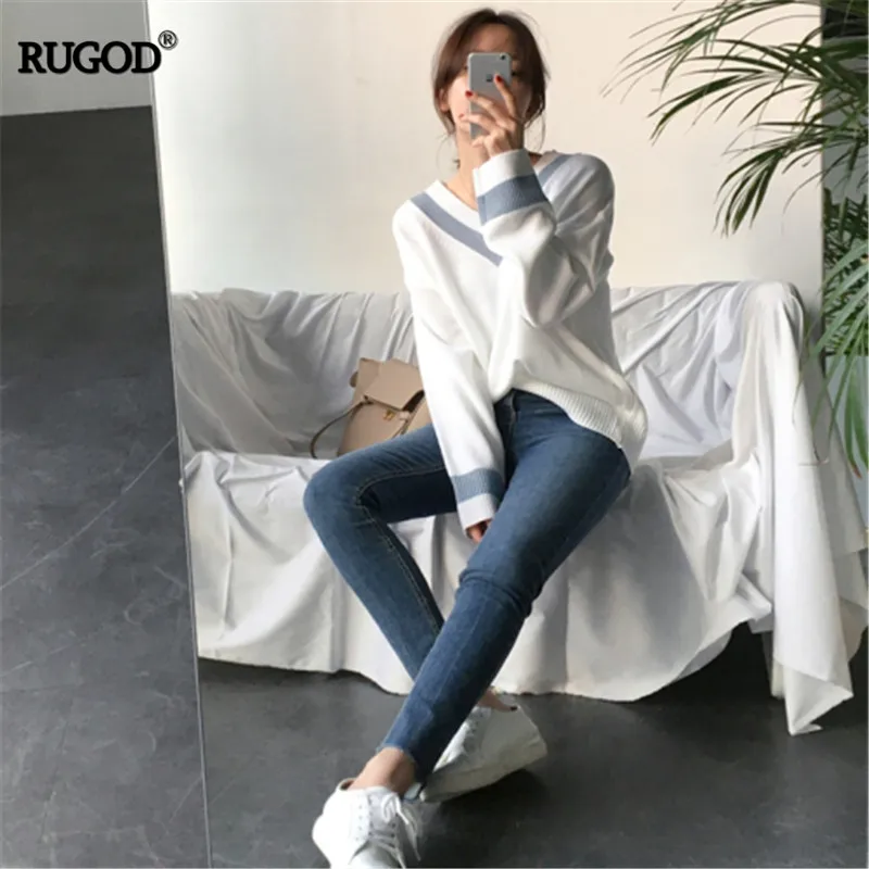 RUGOD Свитер с V-образным вырезом Для женщин корейский стиль осень и зима новые свободные элегантный дизайн Повседневный вязаный пуловер סוודר