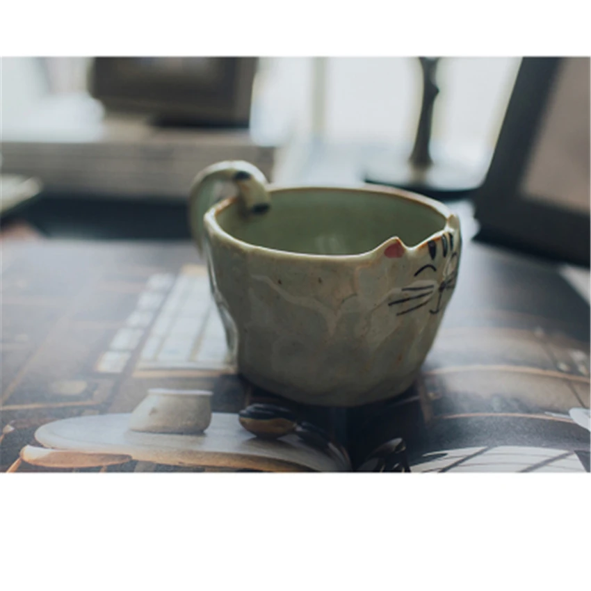 Керамическая кофейная кружка с тарелкой, чашка для молока, чашка для завтрака, большая емкость, креативная ручная работа, рисунок маленькой кошки, ретро керамический подарок