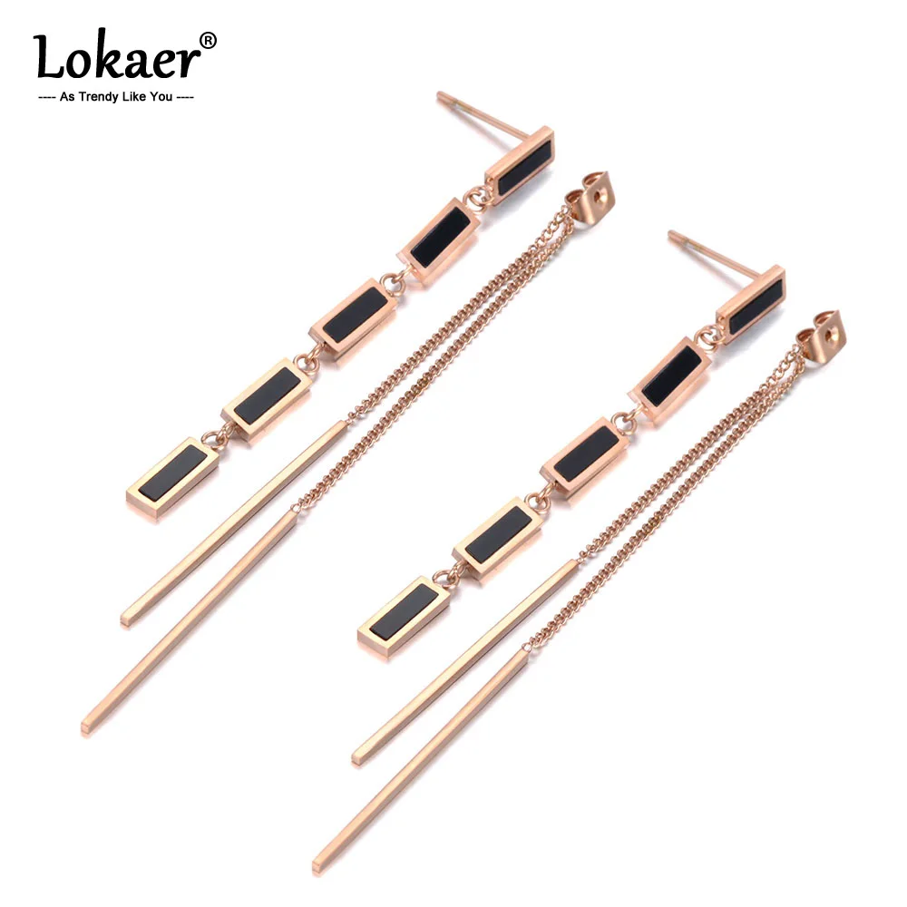 

Lokaer Titanium Steel Bohemia Tassel Long Earrings Jewelry Rose Gold Black Acrylic Vacation Dangle Earrings For Women E19143