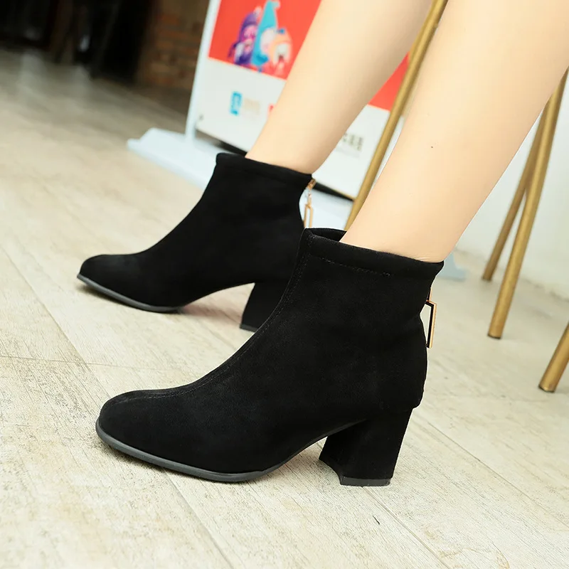 Martin Pointu De Khaki noir D'hiver Solide Carré Chelsea Chaussures Dames Bottes Bottines Zipper Haute Bout Laine Femmes Cheville Talon 4q3jc5ARLS