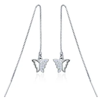 

100% Real. 925 STERLING SILVER Pull Through Butterfly CZ Threader Long Earrings Dangle Drop White/Gold Tone GTLE143