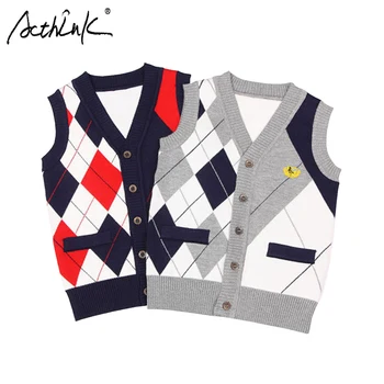 

ActhInK New Design Boys Vest Cardigan Sweater England Style Baby Boys Knitted Wool Vest Coat Boys Casual Plaid Cotton Sweater