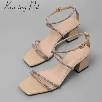 

Krazing Pot sexy movie stars attending party runway chunky med heels buckle strap peep toe shining crystals studded sandals L36