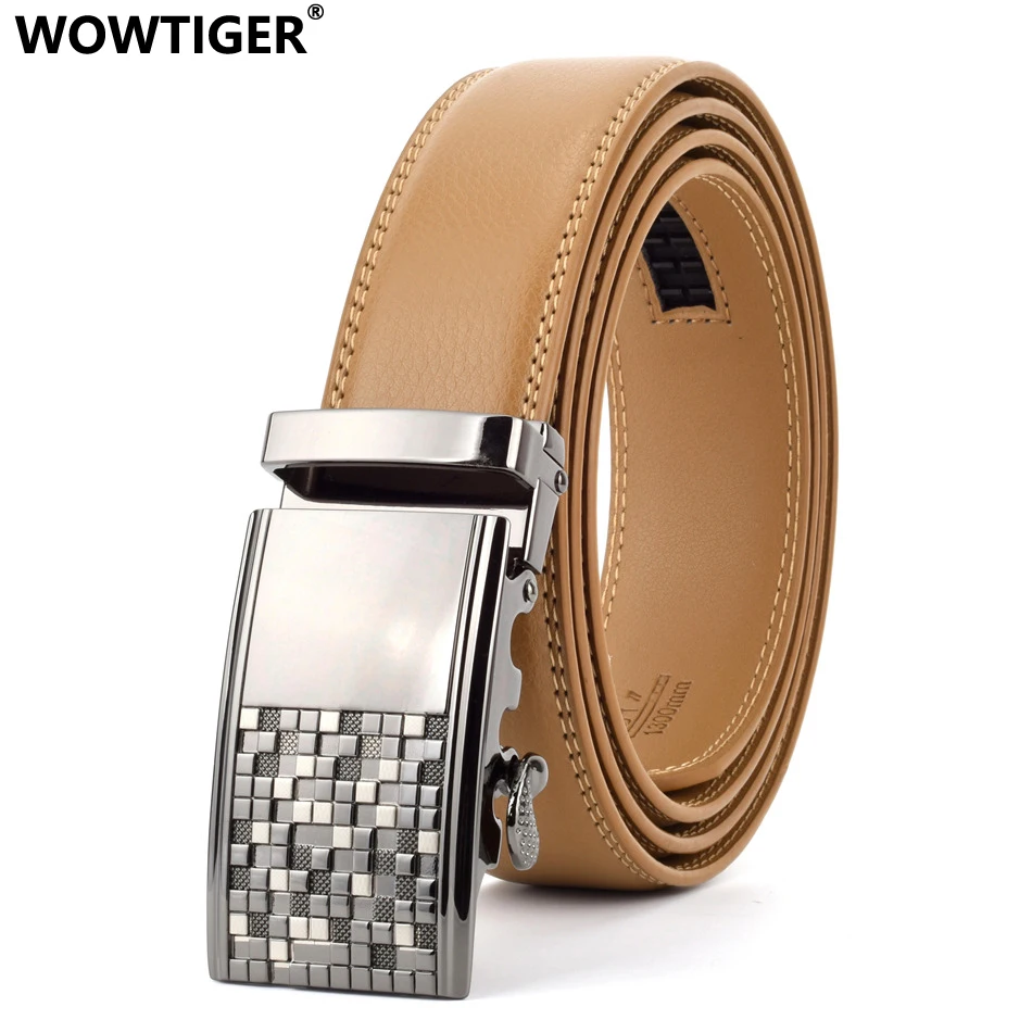 

WOWTIGER Men Automatic Buckle cow genuine Leather luxury Belts Light Brown 3.5cm Male Alloy buckle Belts for Men Ceinture Homme