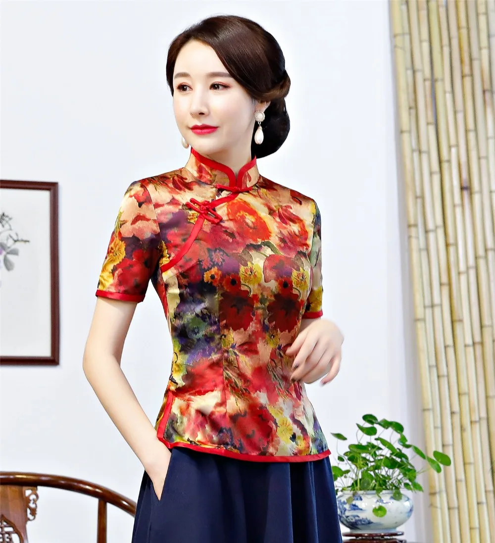 Шанхай история Китайский традиционный Топ цветочный Cheongsam топы короткий рукав китайский топ для Для женщин Китайский блузка Qipao рубашка