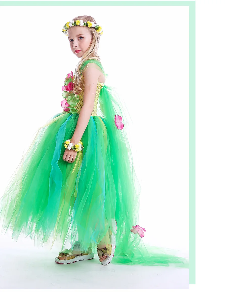 Green Flower Girls Elsa Tutu Dress Purim Cosplay Halloween Costume Kids Birthday Party Dresses Fever Inspired Handmade Dress (7)