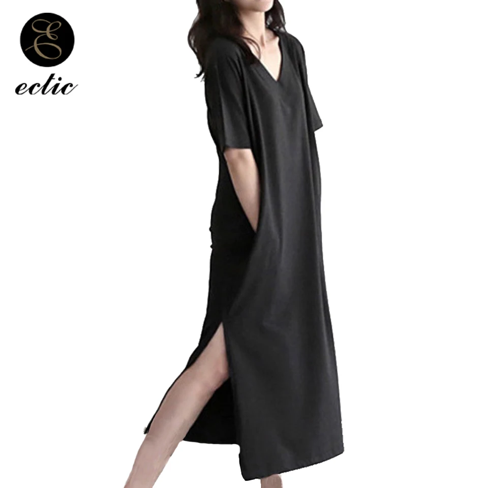 

Korean Street Style Sukienka Vetement Plus Size Dress Casual Robe Femme Ete 2018 Open Side Slit Dress Plain Cotton Dress Kleider