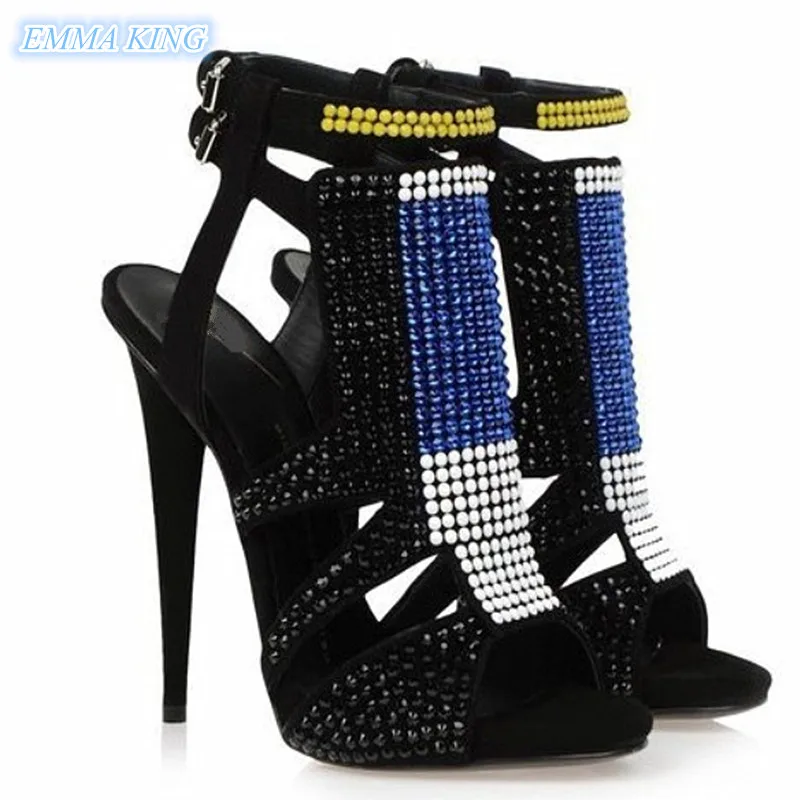 

2019 Summer Contrast Colors Rhinestone Studded Stilettos Gladiator Sandals Women Double Buckle Open Toe High Heels Shoes Woman