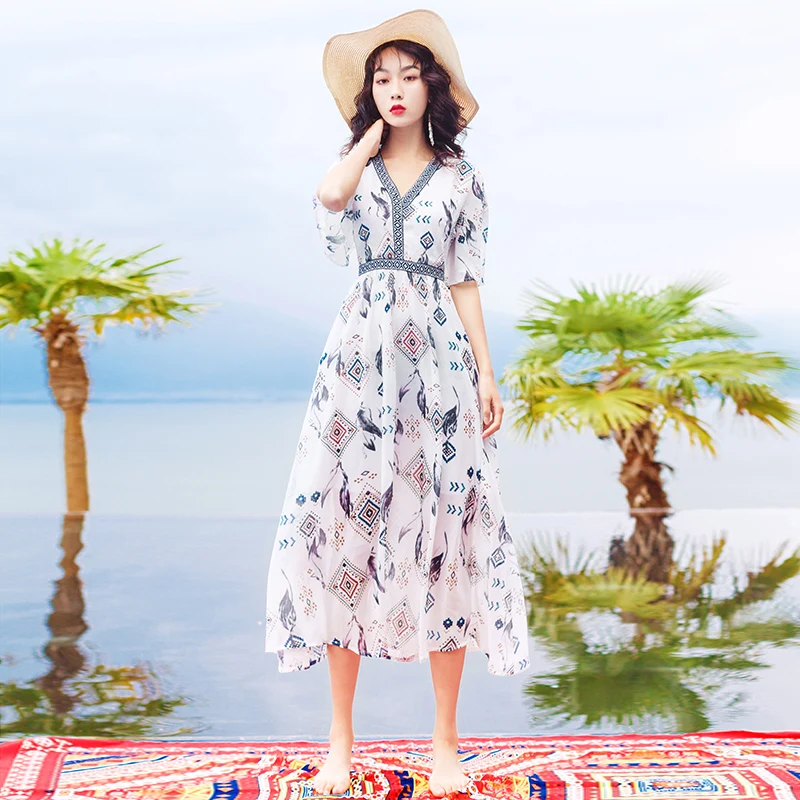 

Women Retro Print White Long Boho Vacation Beach Dress Tropical Elegant Fairy Sea Dress Female Slim Vintage Ethnic Dress Chiffon