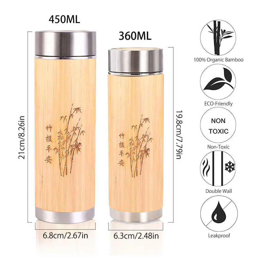 

1Pcs Creative Bamboo Thermos Bottle 360/450ml Stainless Steel Tumbler Vacuum Flasks Insulated Bottles Coffee Mug For Travel Tea