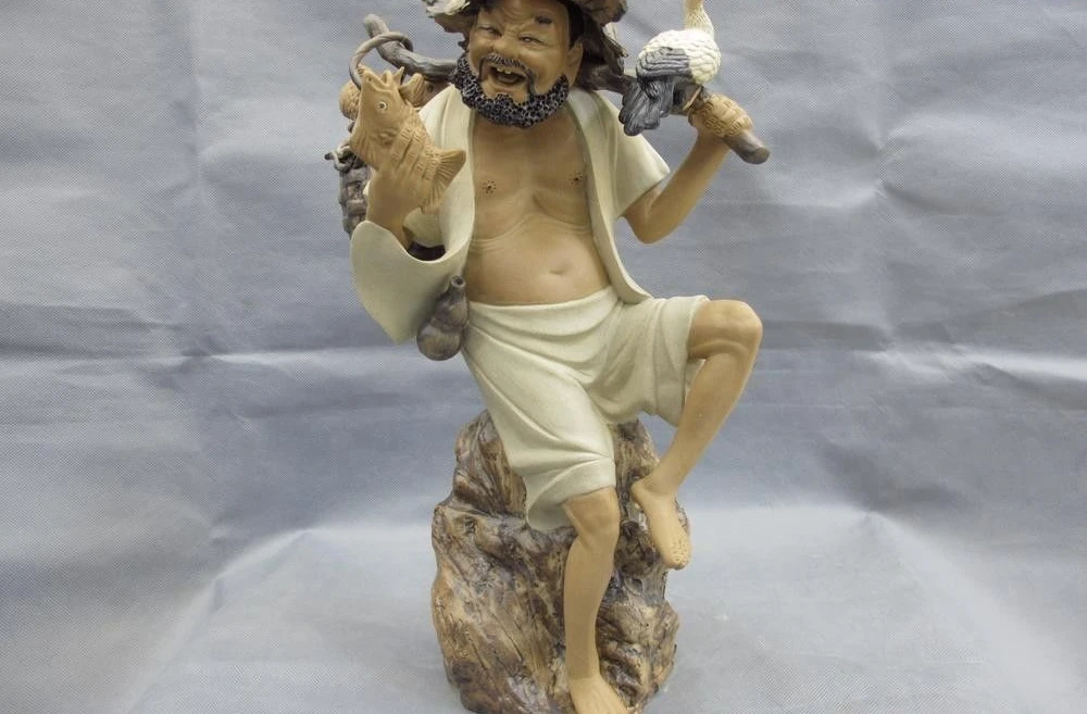 

Chinese Folk Pottery Wucai Porcelain Lucky Bird station Fisherman Fishing Statue
