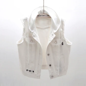 

Sleeveless Women Jeans Jacket Short Vest Slim Removable Hooded Denim Jacket Plus size Casual Female Waistcoat Tops 1951