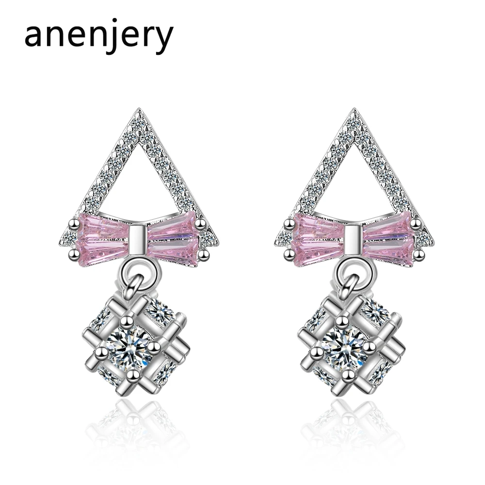 Anenjery очаровательные 925 пробы серебряные ультра-блестящие циркониевые геометрические треугольные серьги с бантами для женщин подарок oorbellen S-E815