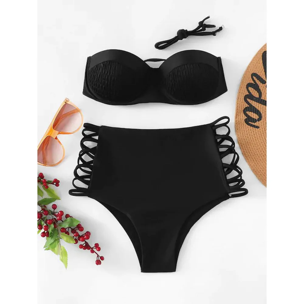

Explosive models high waist bikini ladies split swimsuit sexy solid color bikini high waisted bathing suits Polyester Spandex