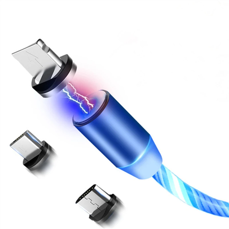 1 m magnetisches Ladekabel für Mobiltelefone, USB-Typ-C-Flow, leuchtende Beleuchtung, Datenkabel für Samsung Huawei, LED-Mikrokabel