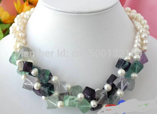 

j00486 NATURAL 3ROW 18" WHITE ROUND FW PEARL CUBE FLUORITE NECKLACE