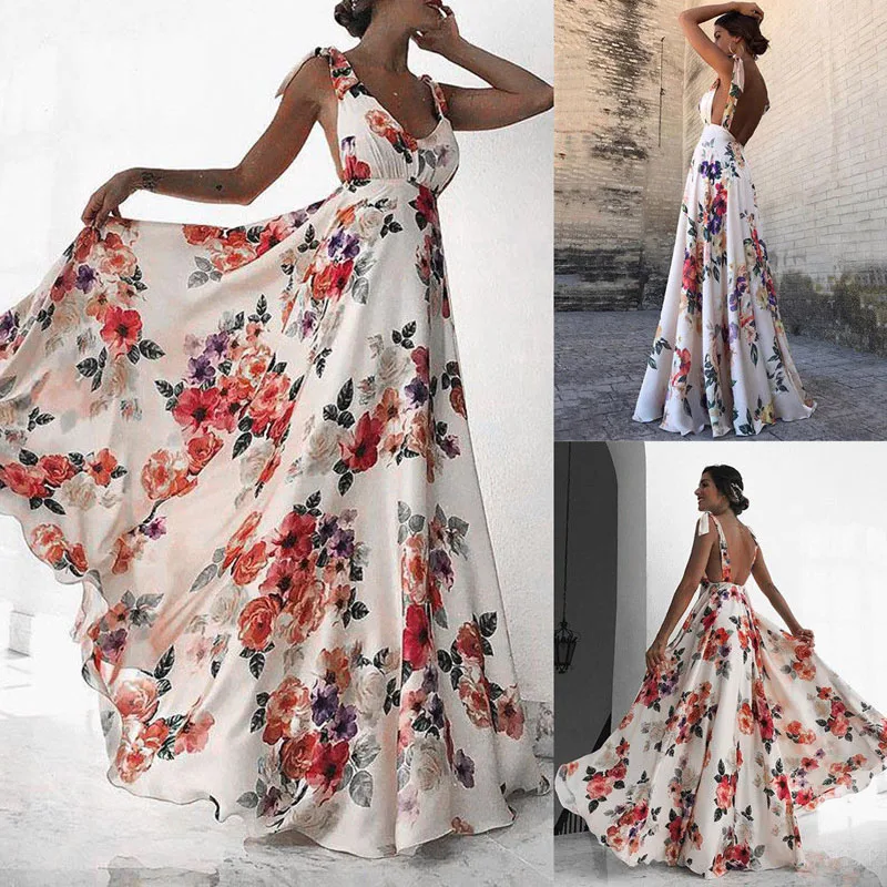 

Womens Holiday Sleeveless Ladies Maxi Long Summer Print Beach Dress Size S-XL