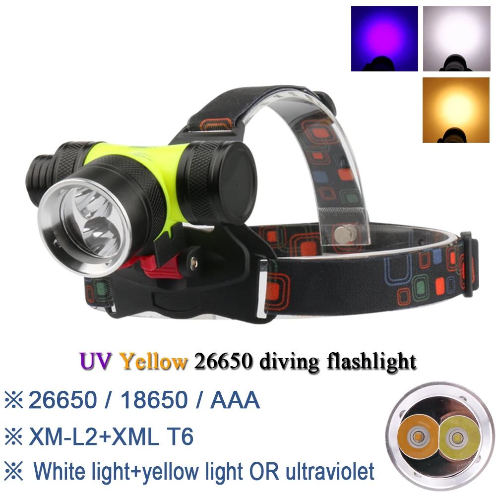 

Yellow white light head lamp head torch Dual light source waterproof led headlight cree xml t6 l2 diving headlamp 26650 or 18650