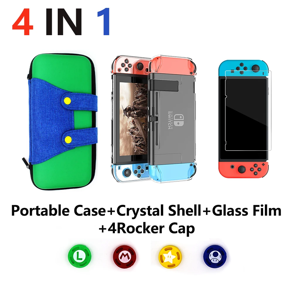 4 in 1 for Nintend Switch NS Console Carrying Storage Bag Protector +Anti-scratch Dustproof Transparent Crystal Shell+ NS Skin 4 in 1 for Nintend Switch NS Console Carrying Storage Bag Protector +Anti-scratch Dustproof Transparent Crystal Shell+ NS Skin